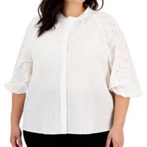 Anne Klein Women's Plus Size 3/4 Sleeve Mixed Fabric Button Down Blouse, White,